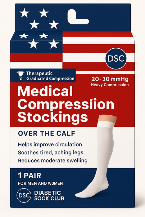 Pair of men's over-the-calf compression socks in black for medical-grade leg support