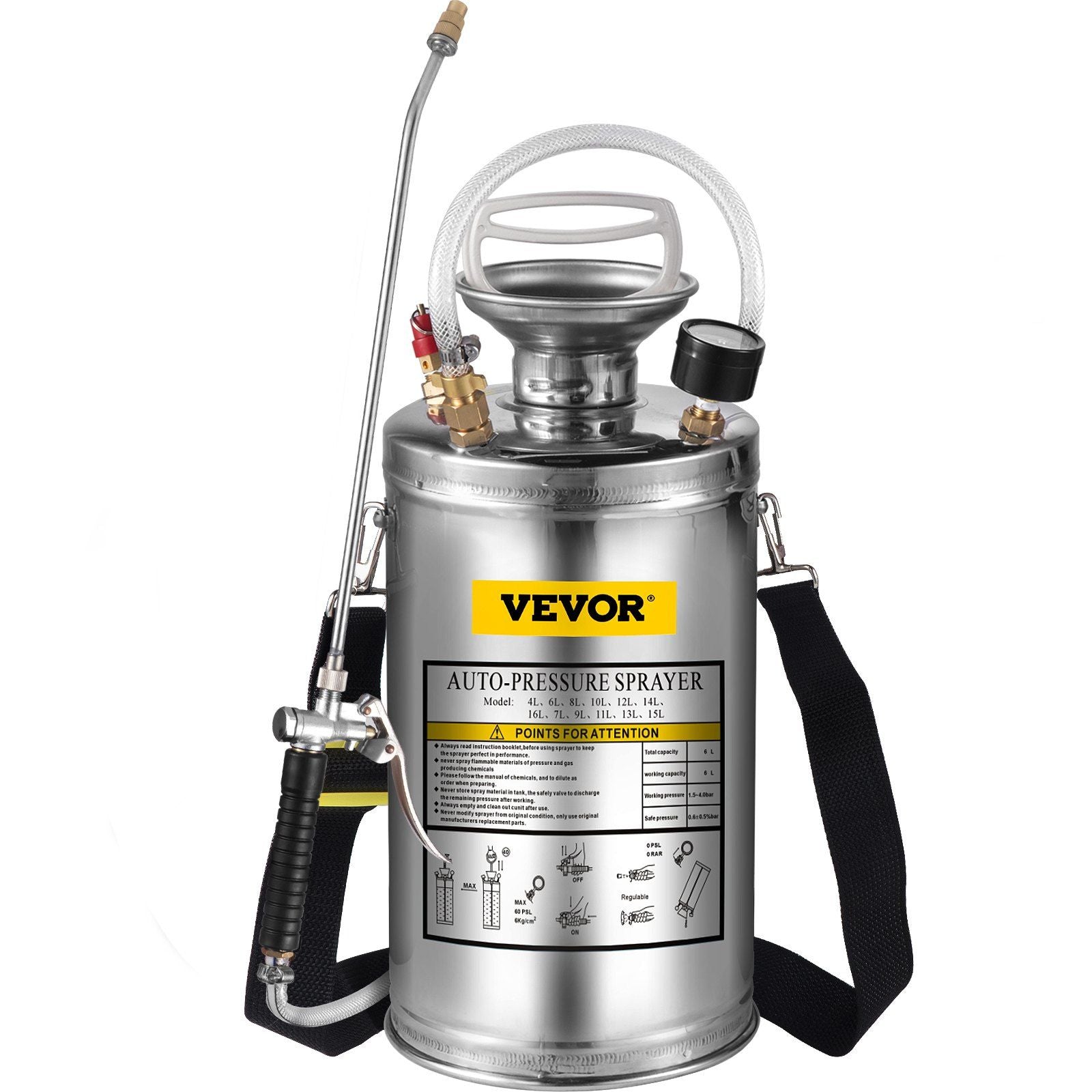 VYSN 1.5Gal Stainless Steel Hand Pump Sprayer with Pressure Gauge and Safety Valve for Gardening and Sanitizing