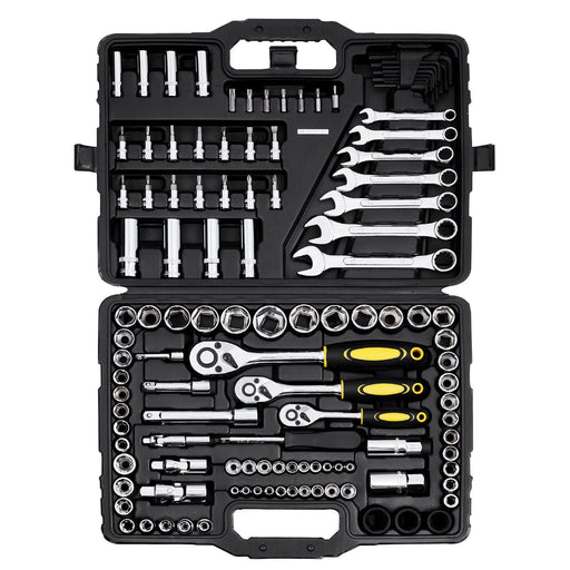 121-piece mechanics tool set with drive sockets in SAE and metric sizes in organized storage case