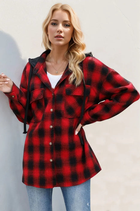 Women's Plaid Long Sleeve Hooded Shacket