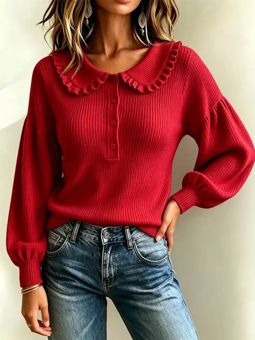 Stylish Ruffled Collar, Front Button Sweater