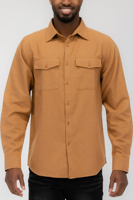Plain Staple Brushed Flannel Shirt Jacket/Shacket Camel