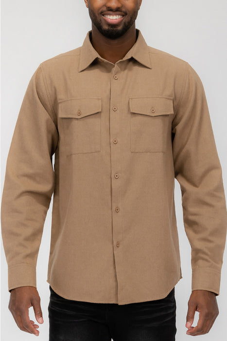 Plain Staple Brushed Flannel Shirt Jacket/Shacket Beige