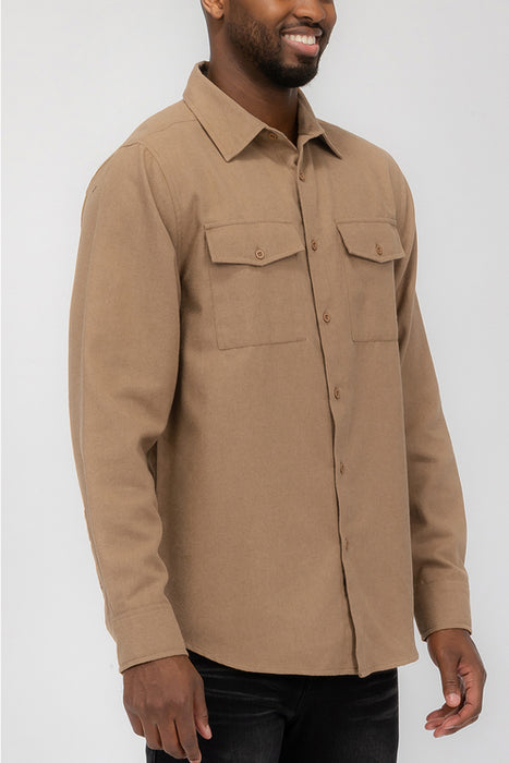 Plain Staple Brushed Flannel Shirt Jacket/Shacket Beige