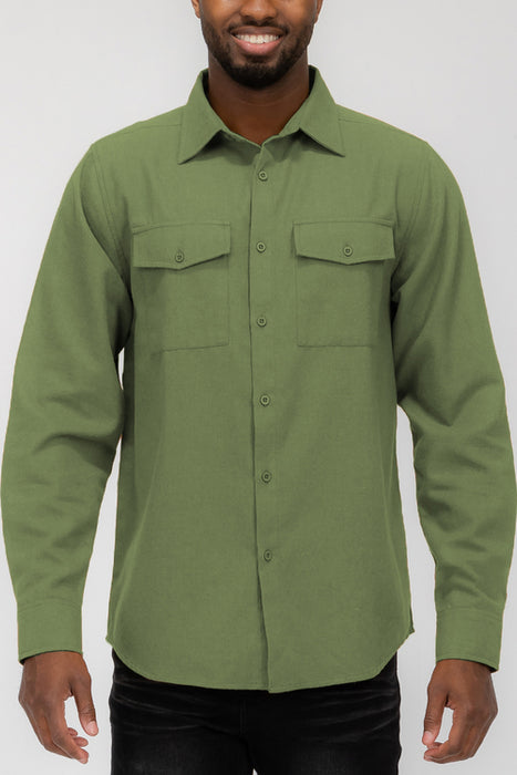 Plain Staple Brushed Flannel Shirt Jacket/Shacket Olive