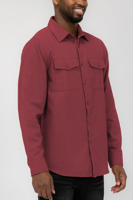 Plain Staple Brushed Flannel Shirt Jacket/Shacket Red