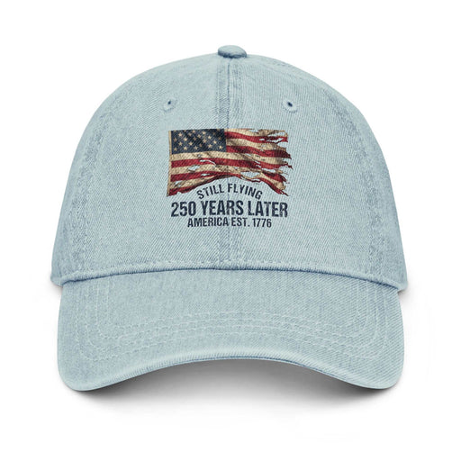 USA 250th Anniversary Denim Hat with vintage blue pigment-dyed finish and adjustable strap