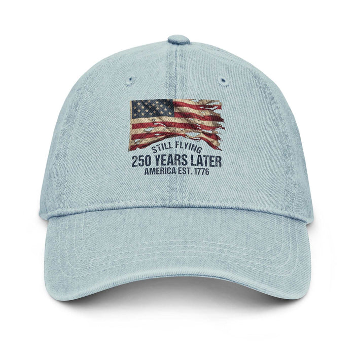 USA 250th Anniversary Denim Hat with vintage blue pigment-dyed finish and adjustable strap