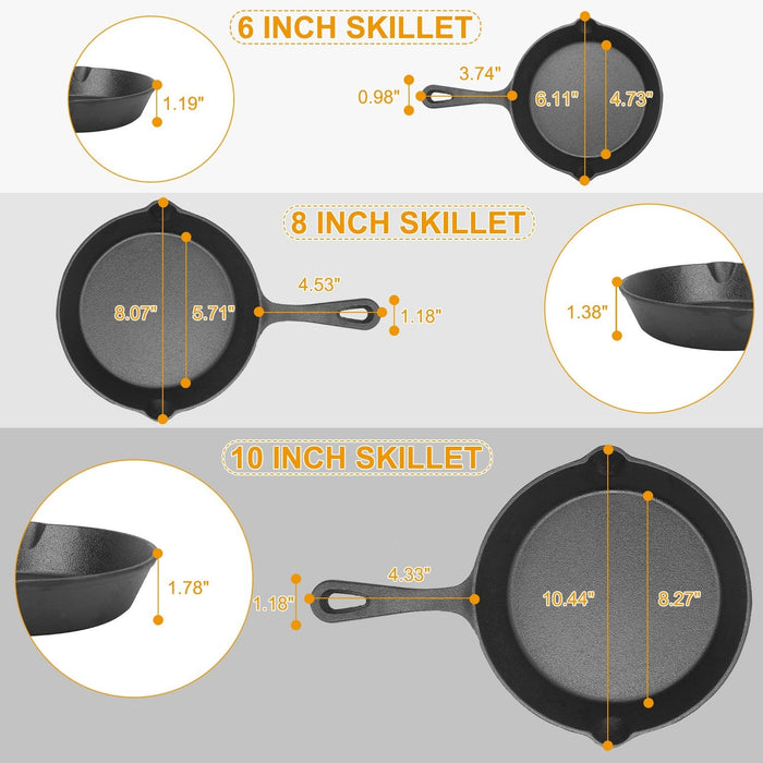 3-Piece Pre-Seasoned Cast Iron Skillet Set (6", 8", 10")