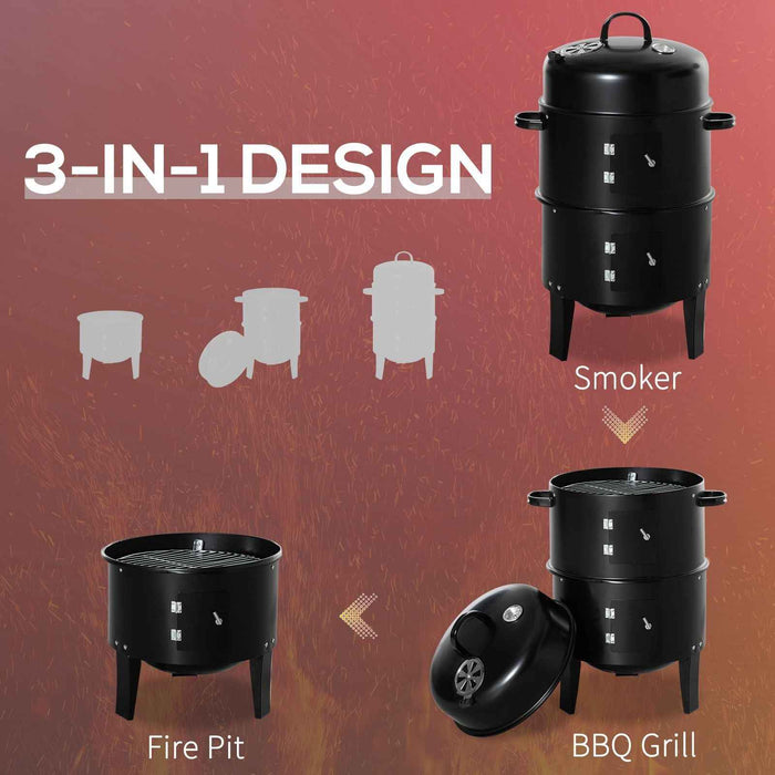 3-in-1 Vertical Charcoal BBQ Smoker/Grill/Fire Pit