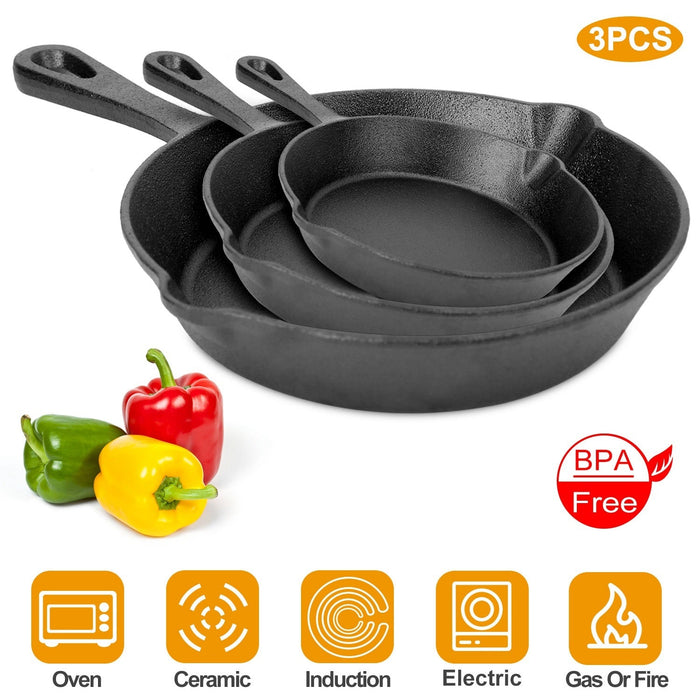 3-Piece Pre-Seasoned Cast Iron Skillet Set (6", 8", 10")