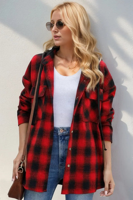 Women's Plaid Long Sleeve Hooded Shacket