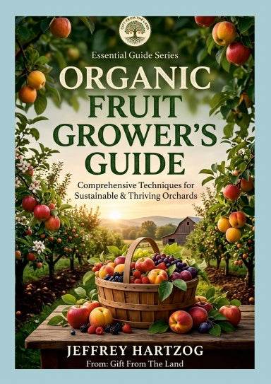 Cover of Organic Fruit Grower's Guide book showing illustrated fruits and cultivation tips