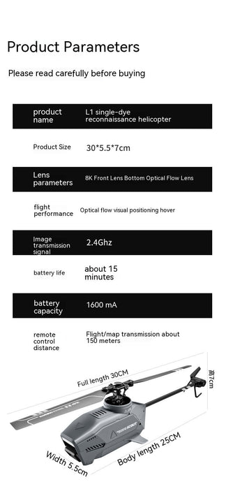 L1 Single-Paddle RC Helicopter Drone – 8K Dual Camera & Optical Flow Hove