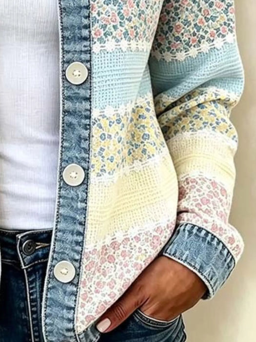 Women's Full Size Floral Patchwork Denim Trim Jacket