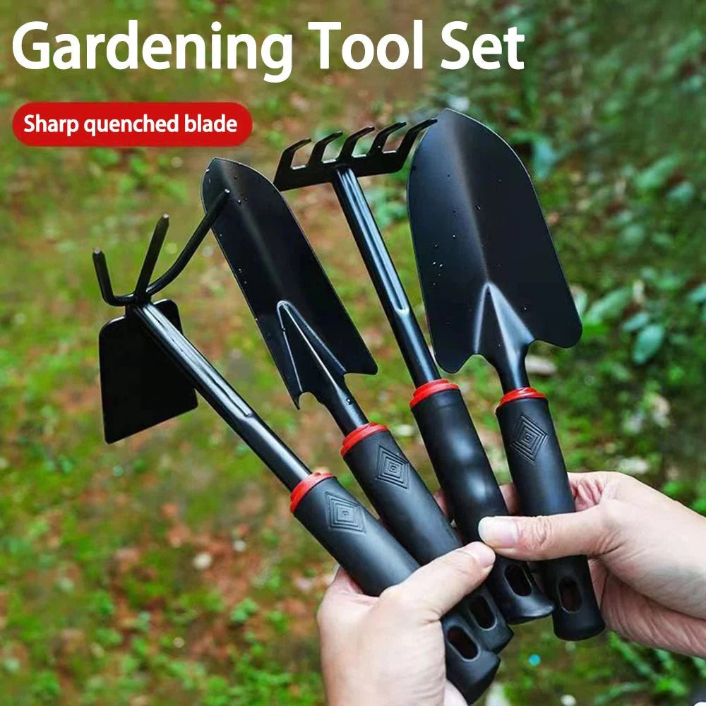 Garden Hand Tool Set | 4-Piece Alloy Steel Shovel, Rake, and Hoe