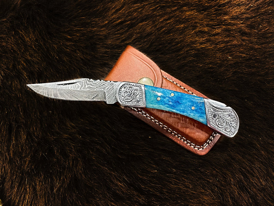 Custom 6.5" Damascus Steel Folding Knife with Engraved Camel Bone Handle