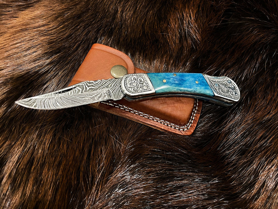 Custom 6.5" Damascus Steel Folding Knife with Engraved Camel Bone Handle