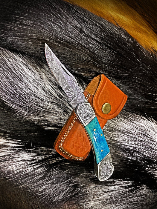 Custom 6.5" Damascus Steel Folding Knife with Engraved Camel Bone Handle
