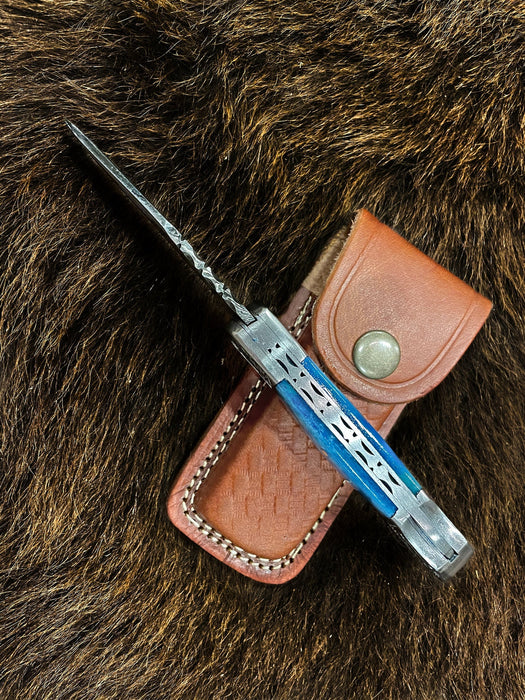 Custom 6.5" Damascus Steel Folding Knife with Engraved Camel Bone Handle