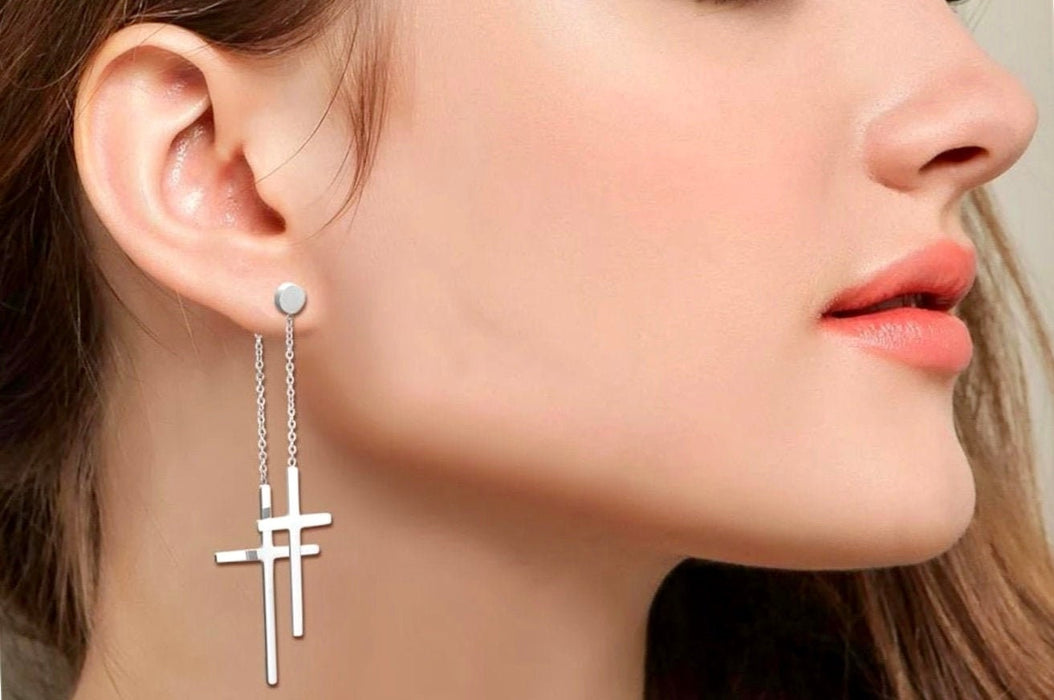 2 Cross Earrings Double Tassel and Chain Cross of Jesus