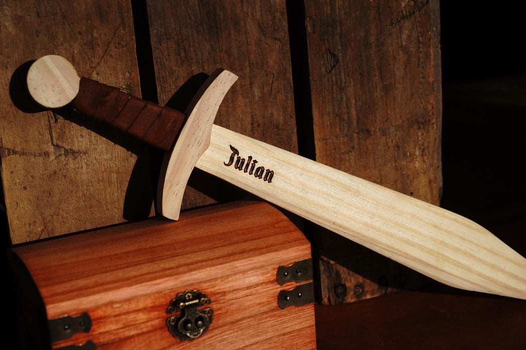 Kid's Handcrafted Wooden Toy 16" Short Sword with Leather-Wrapped Handle
