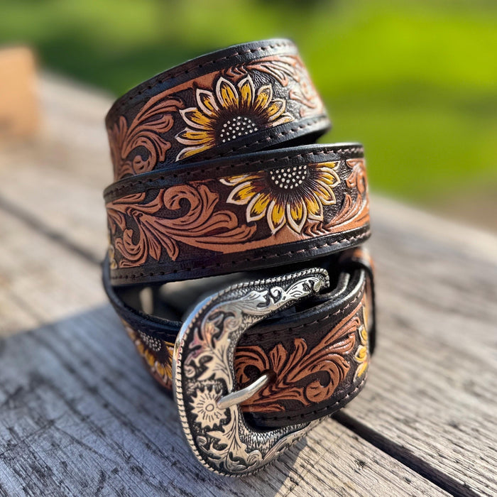 Genuine Leather Western Belt with Dark Tooled Sunflower Details by Double B Wild Rags