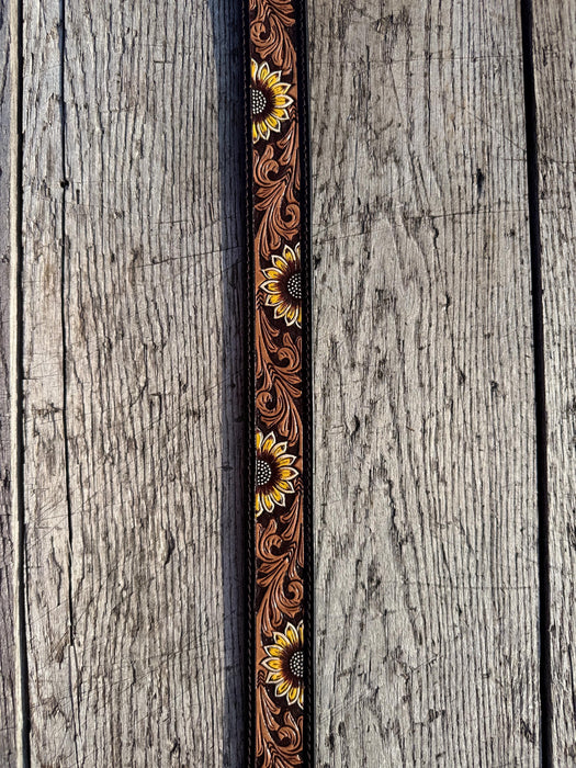 Genuine Leather Western Belt with Dark Tooled Sunflower Details by Double B Wild Rags
