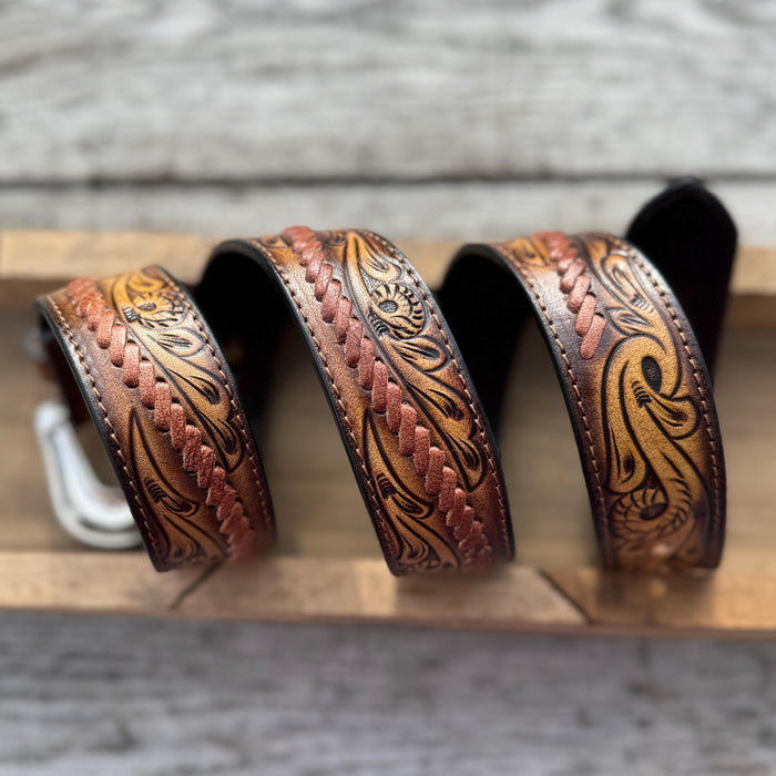 Genuine Leather Men's Western Belt with Tooled Design