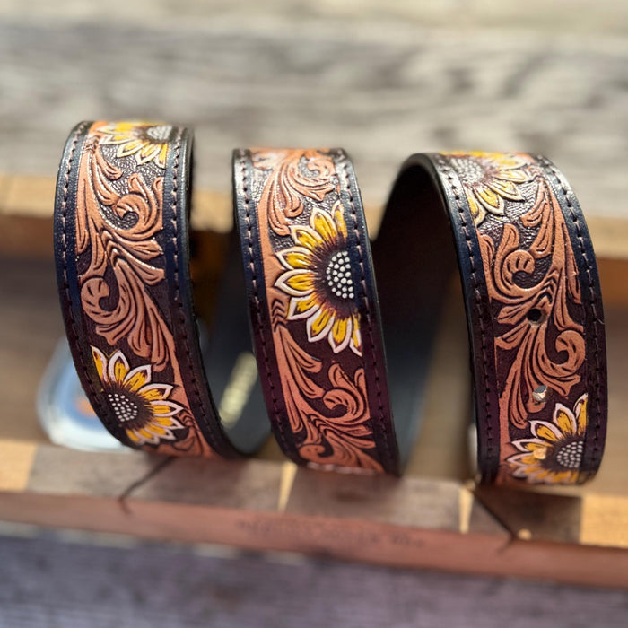 Genuine Leather Western Belt with Dark Tooled Sunflower Details by Double B Wild Rags