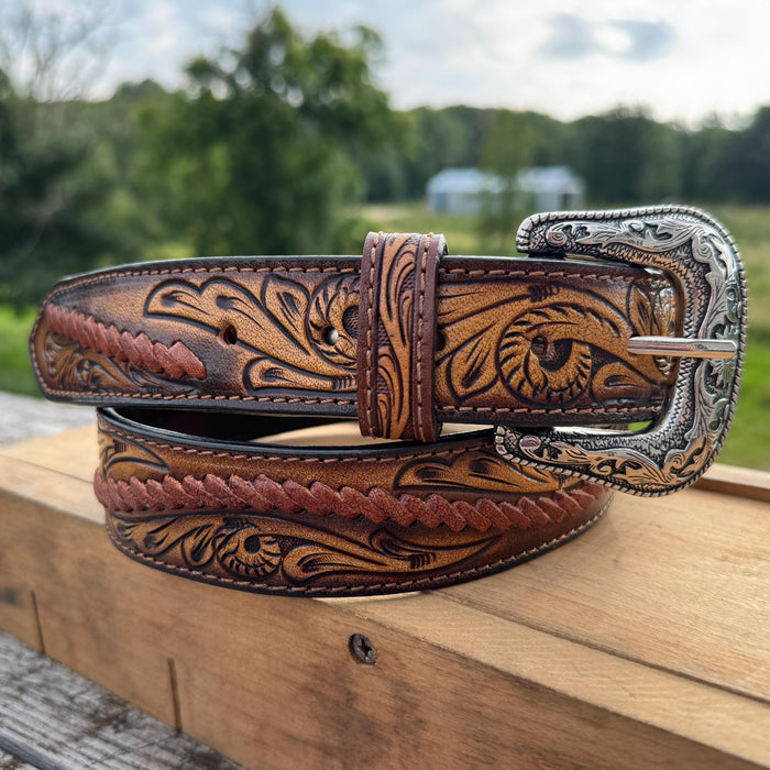 Genuine Leather Men's Western Belt with Tooled Design