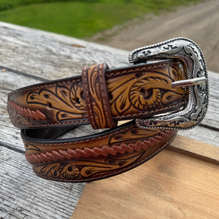 Genuine Leather Men's Western Belt with Tooled Design
