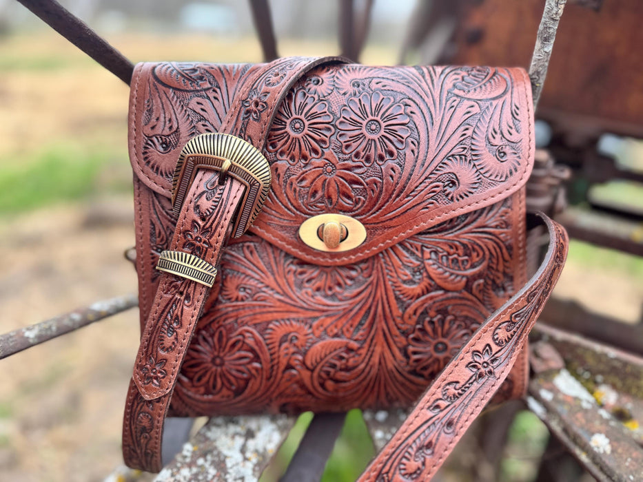 Prairie Bloom Western Tooled Leather Crossbody Purse