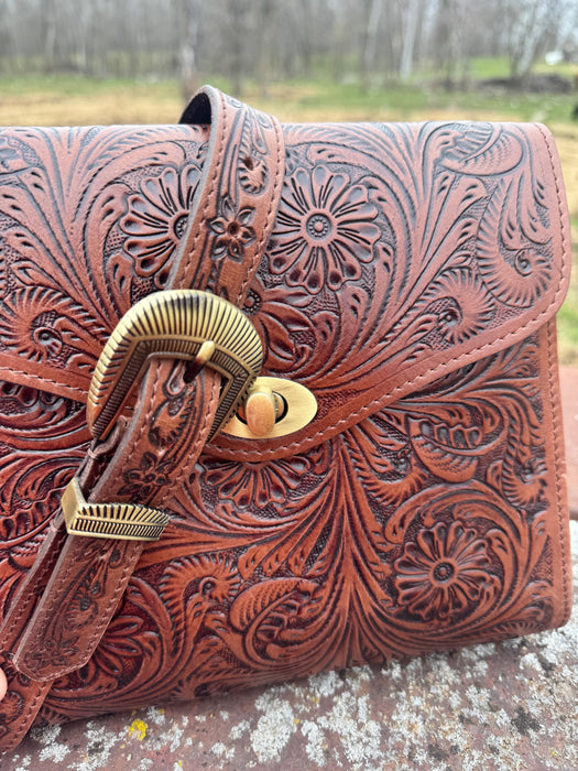Prairie Bloom Western Tooled Leather Crossbody Purse
