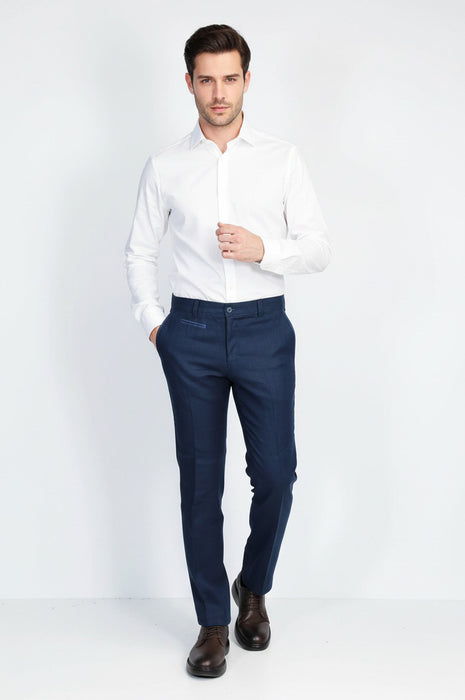 Navy Solid Slim Fit Dress Trousers