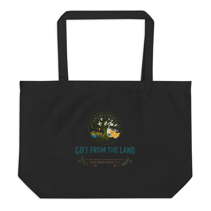 Large organic tote bag made from 100% certified organic cotton with spacious design and long straps for comfortable carrying.