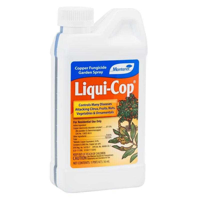 Bottle of Liqui-Cop Concentrate fungicide, a liquid copper spray for garden and crop disease protection.