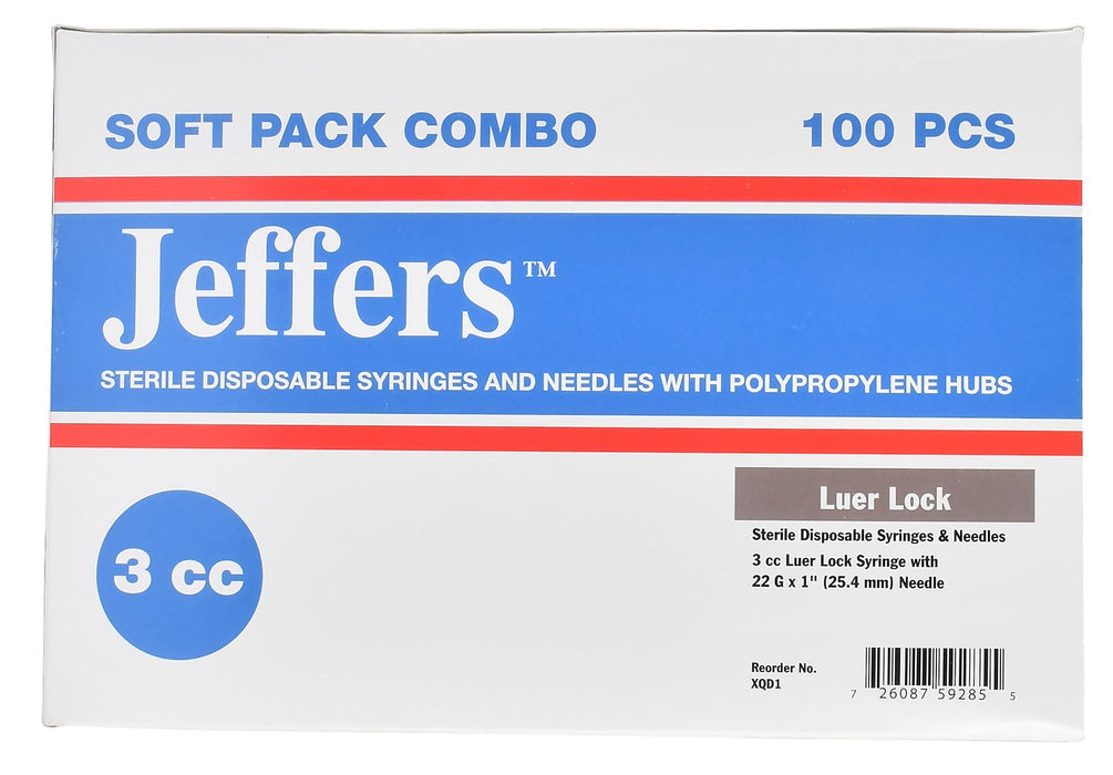 Jeffers Luer Lock (LL) Syringe/Needle Combo, Box of 100