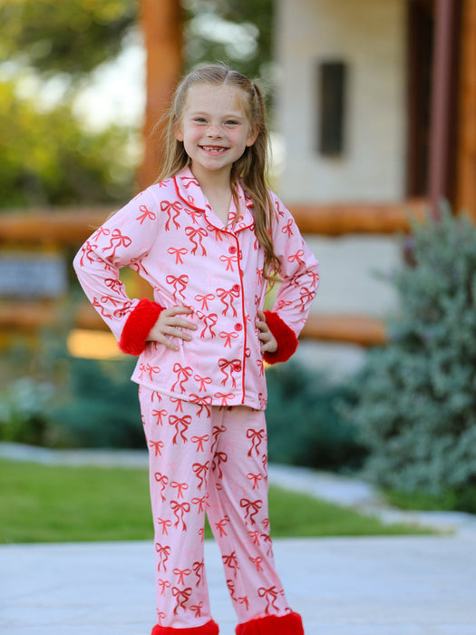 Girls Bow Pajama Set with Furry Trim