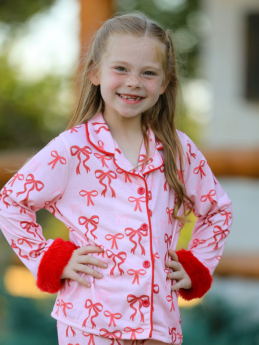 Girls Bow Pajama Set with Furry Trim