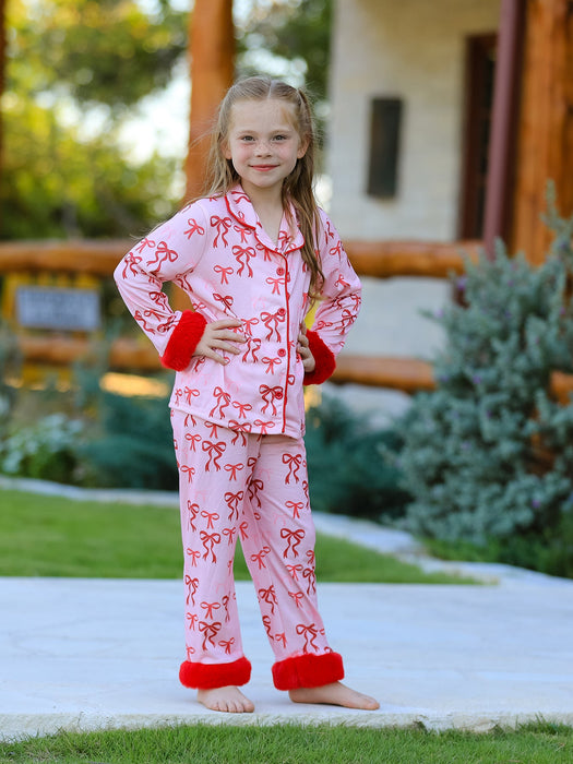 Girls Bow Pajama Set with Furry Trim