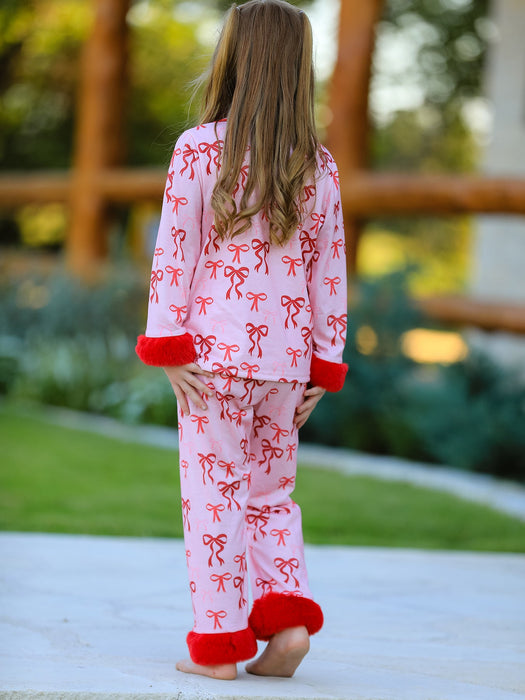 Girls Bow Pajama Set with Furry Trim
