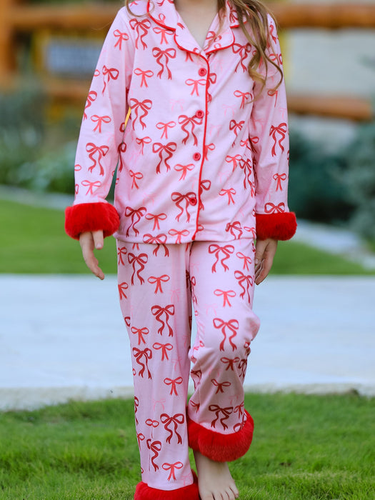 Girls Bow Pajama Set with Furry Trim