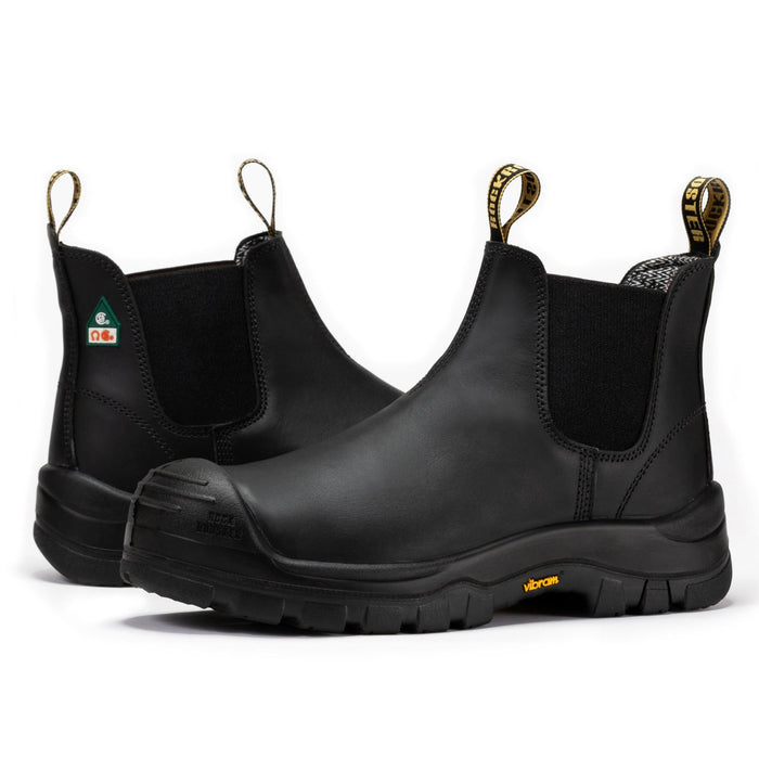 ROCKROOSTER 6-inch black composite toe work boot with pull-on design and Vibram outsole