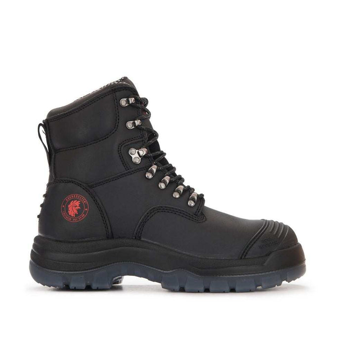 ROCKROOSTER black 7 inch steel toe leather work boots with side zipper and durable TPU outsole
