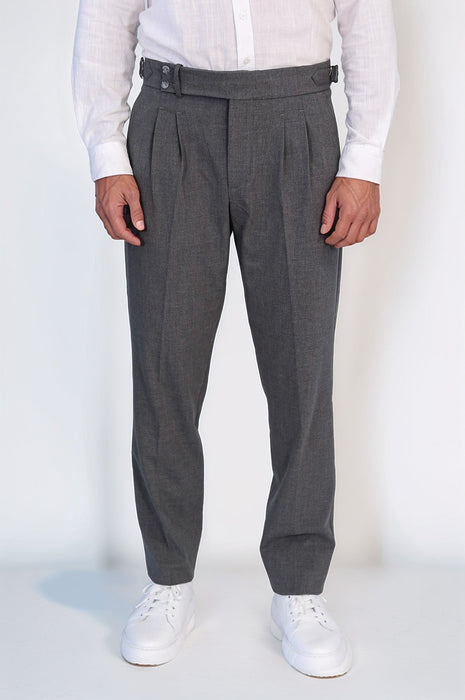 Anthracite Double-Pleated High-Waisted Slim Fit Trousers with Side Buckles