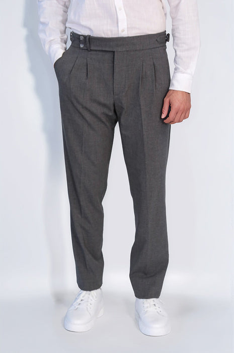 Anthracite Double-Pleated High-Waisted Slim Fit Trousers with Side Buckles