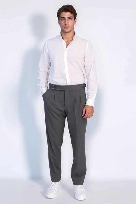 Anthracite Double-Pleated High-Waisted Slim Fit Trousers with Side Buckles
