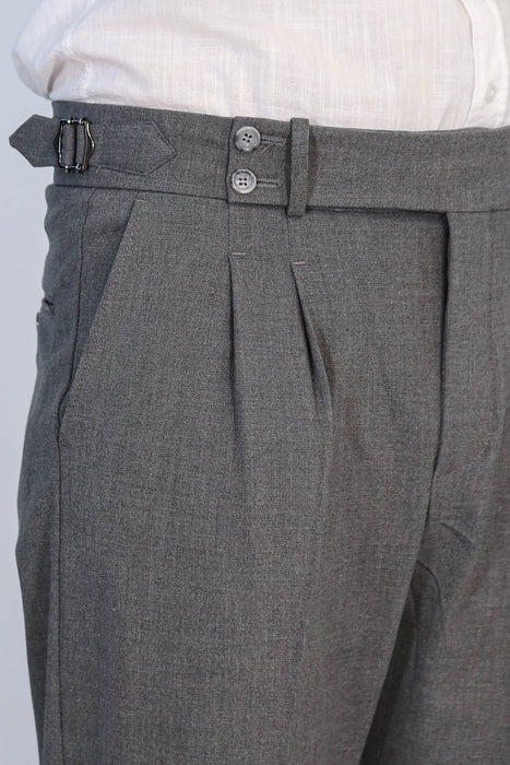 Anthracite Double-Pleated High-Waisted Slim Fit Trousers with Side Buckles
