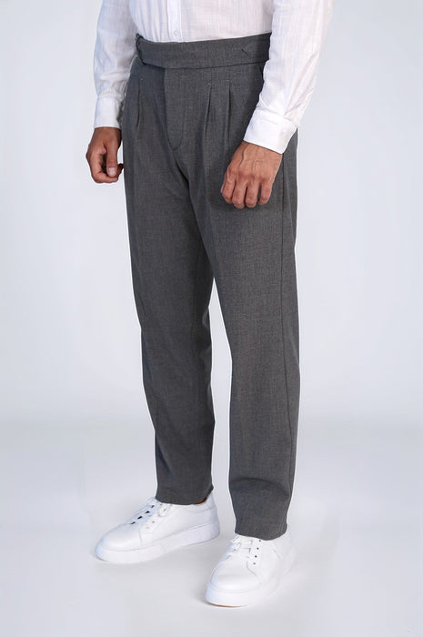 Anthracite Double-Pleated High-Waisted Slim Fit Trousers with Side Buckles